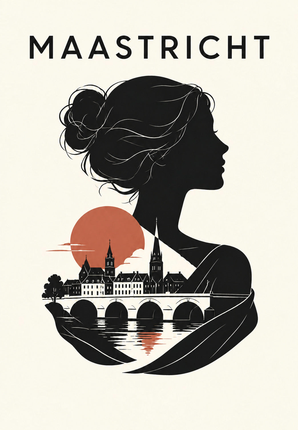 Silhouette and Bridge of Maastricht at Sunset