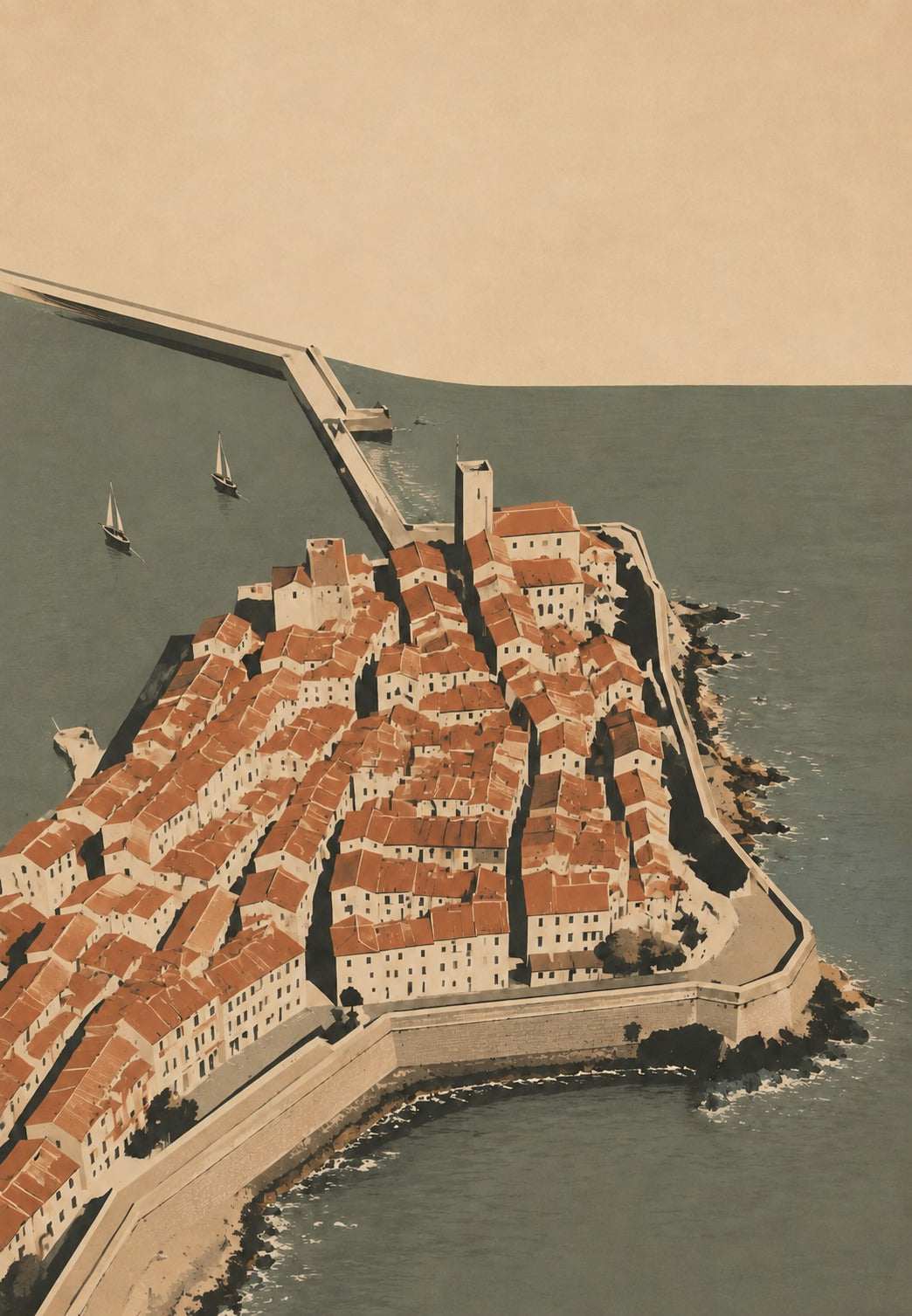 Altstadt mit orangen Dächern am Meer