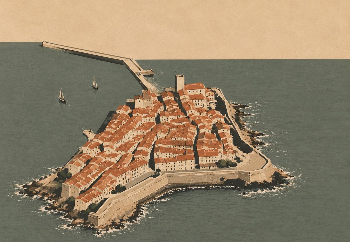 Altstadt mit orangen Dächern am Meer (Querformat)
