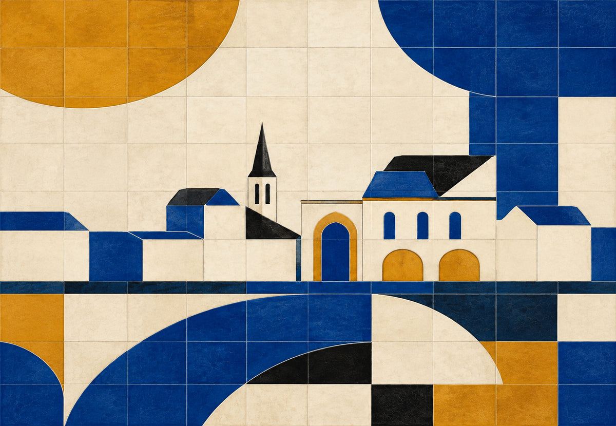 Blue and Ochre Ceramic Village (Landscape)