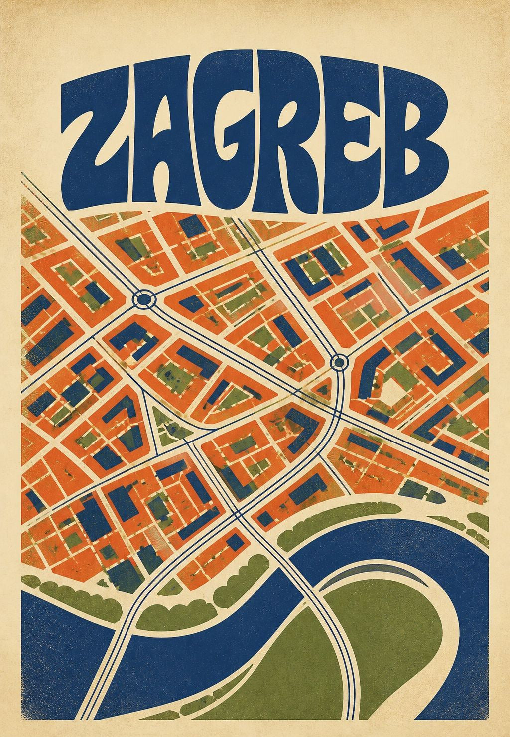 Zagreb in pianta, griglia arancione e meandro del fiume