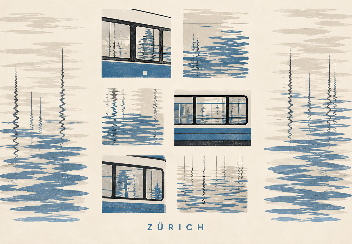 Zürich, Tram und Wasserspiegelungen (Querformat)