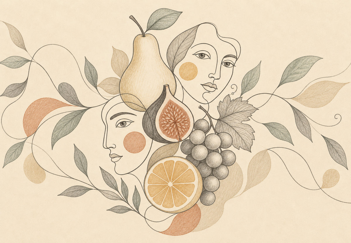 Dos rostros y frutas a lápiz (Horizontal)