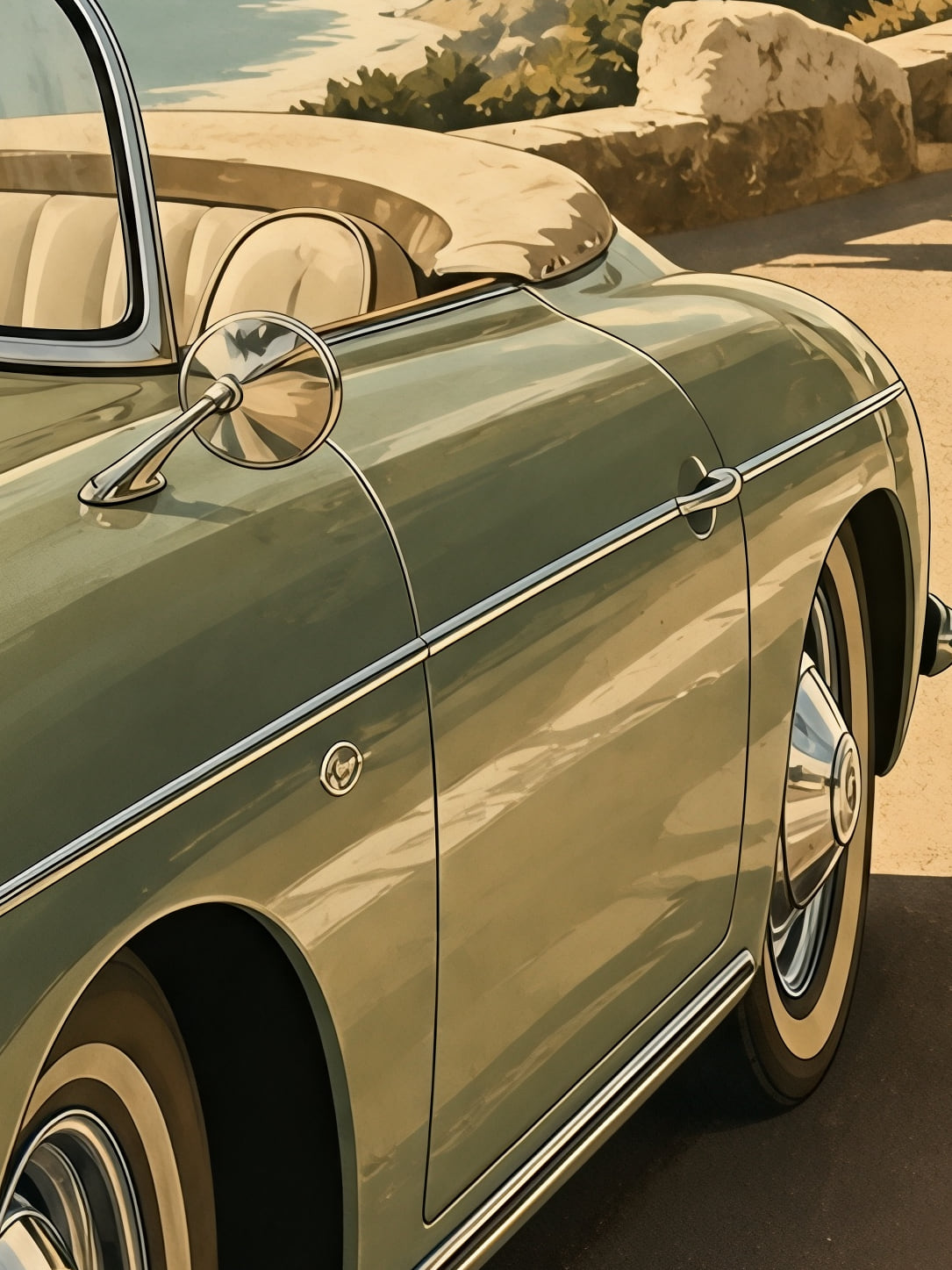 Detail a taille reelle du tirage, affiche voiture cabriolet vert riviera
