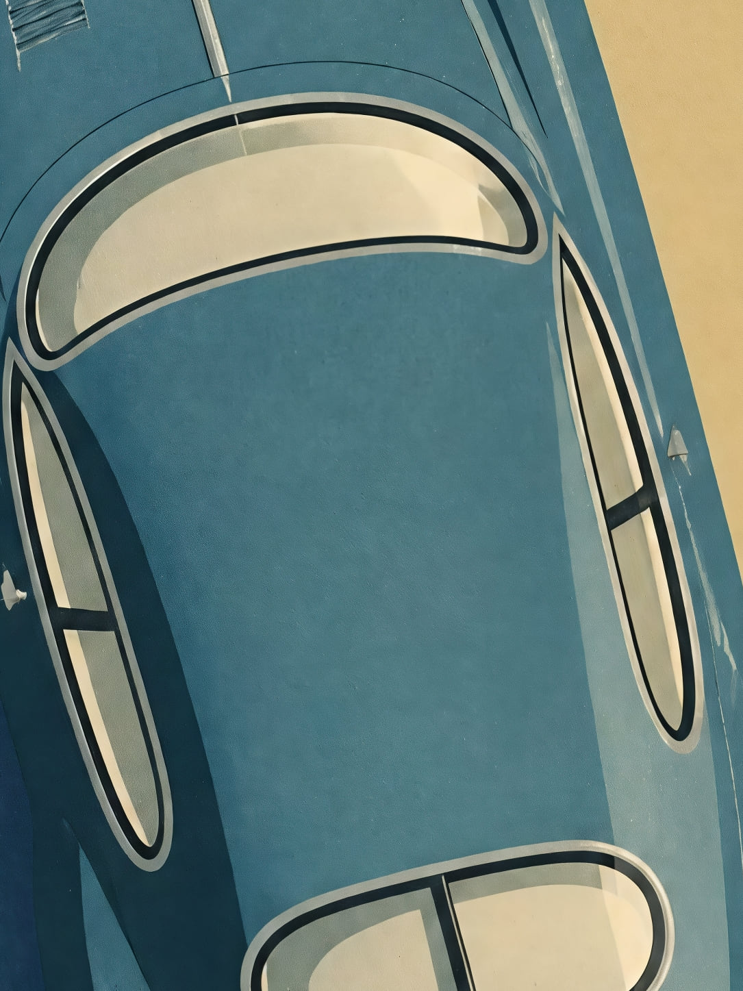 Detail a taille reelle du tirage, affiche voiture le coupe bleu vu du dessus