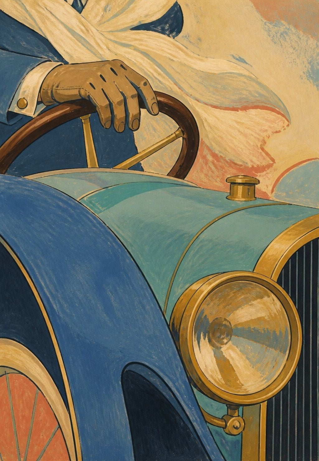 Blaue Karosserie und Kupferlaterne