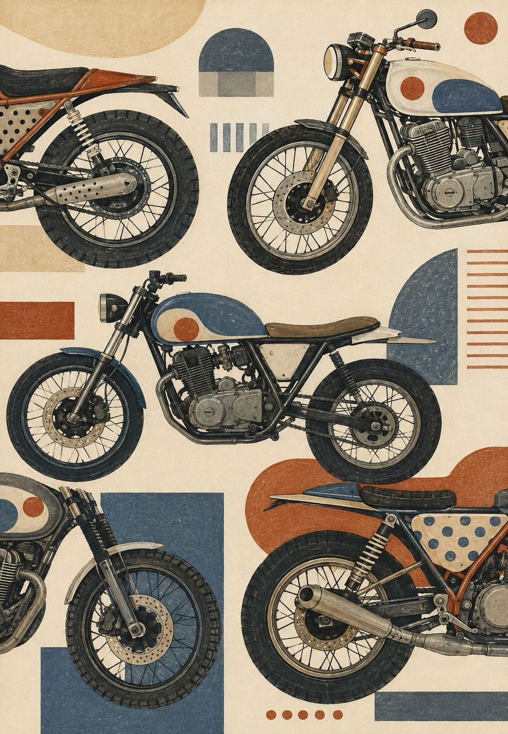 Five motorcycles with spoked wheels