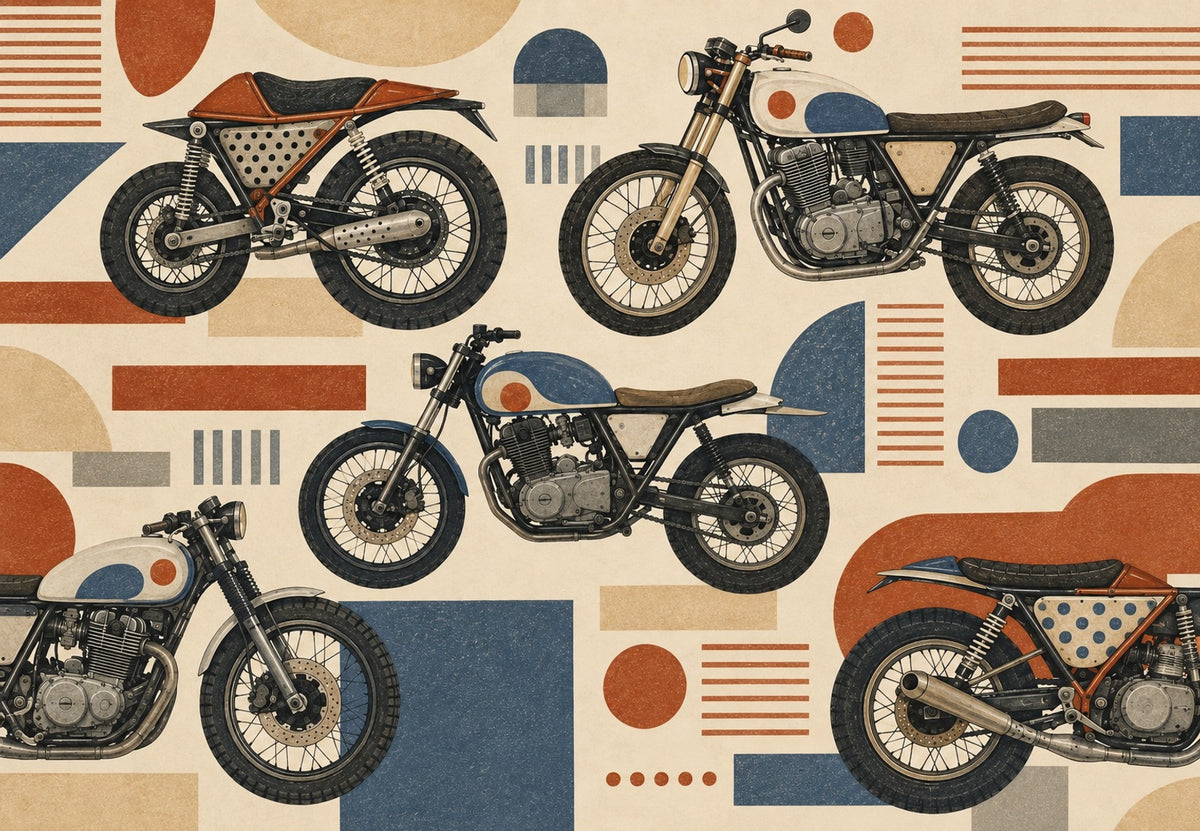 Five motorcycles with spoked wheels (Landscape)