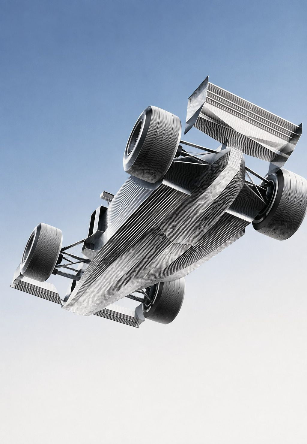 Silver Race Car Suspended in the Sky