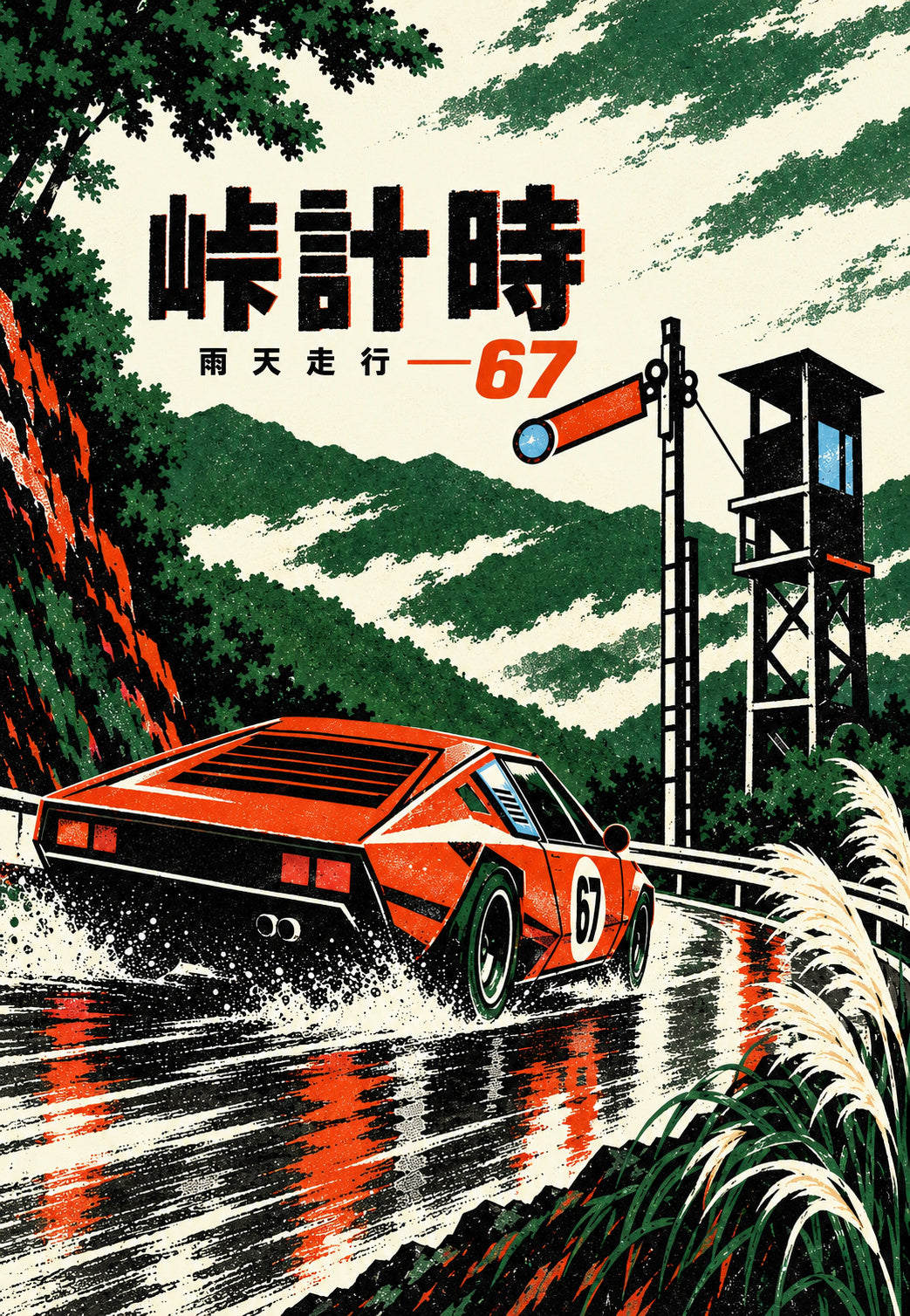 Carro de ralis laranja à chuva