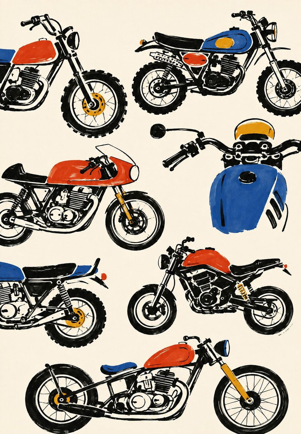 Eine Garage voller roter und blauer Motorräder