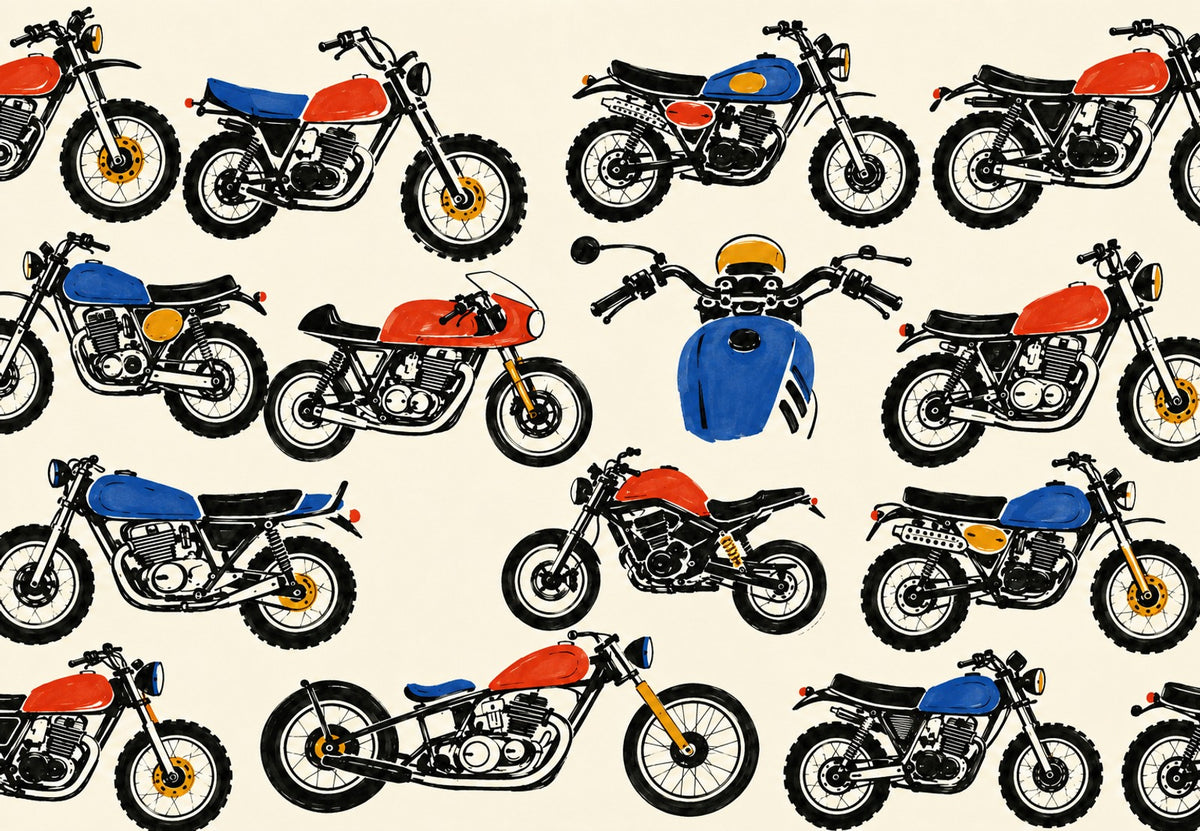 Garáž červených a modrých motorek (Na šířku)