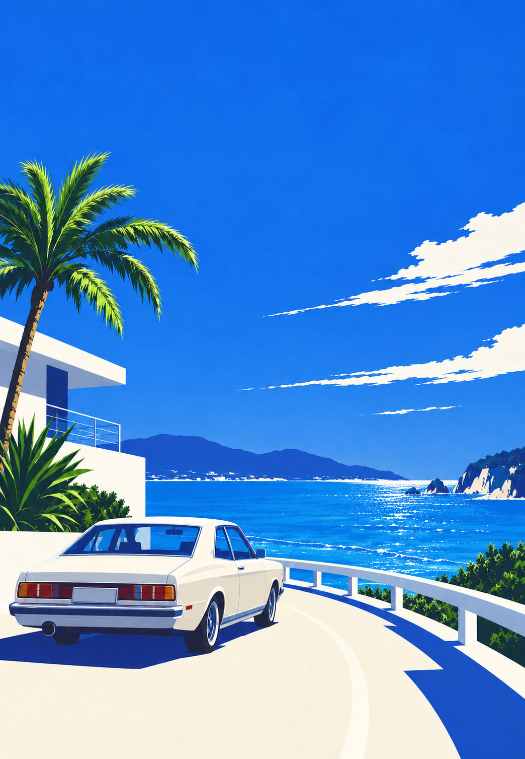 Cream Car Facing the Ocean