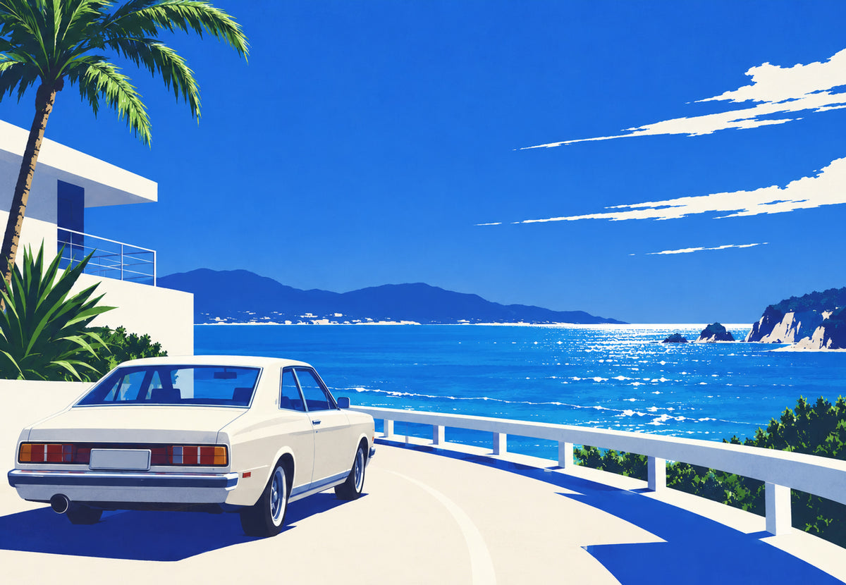 Cream Car Facing the Ocean (Landscape)
