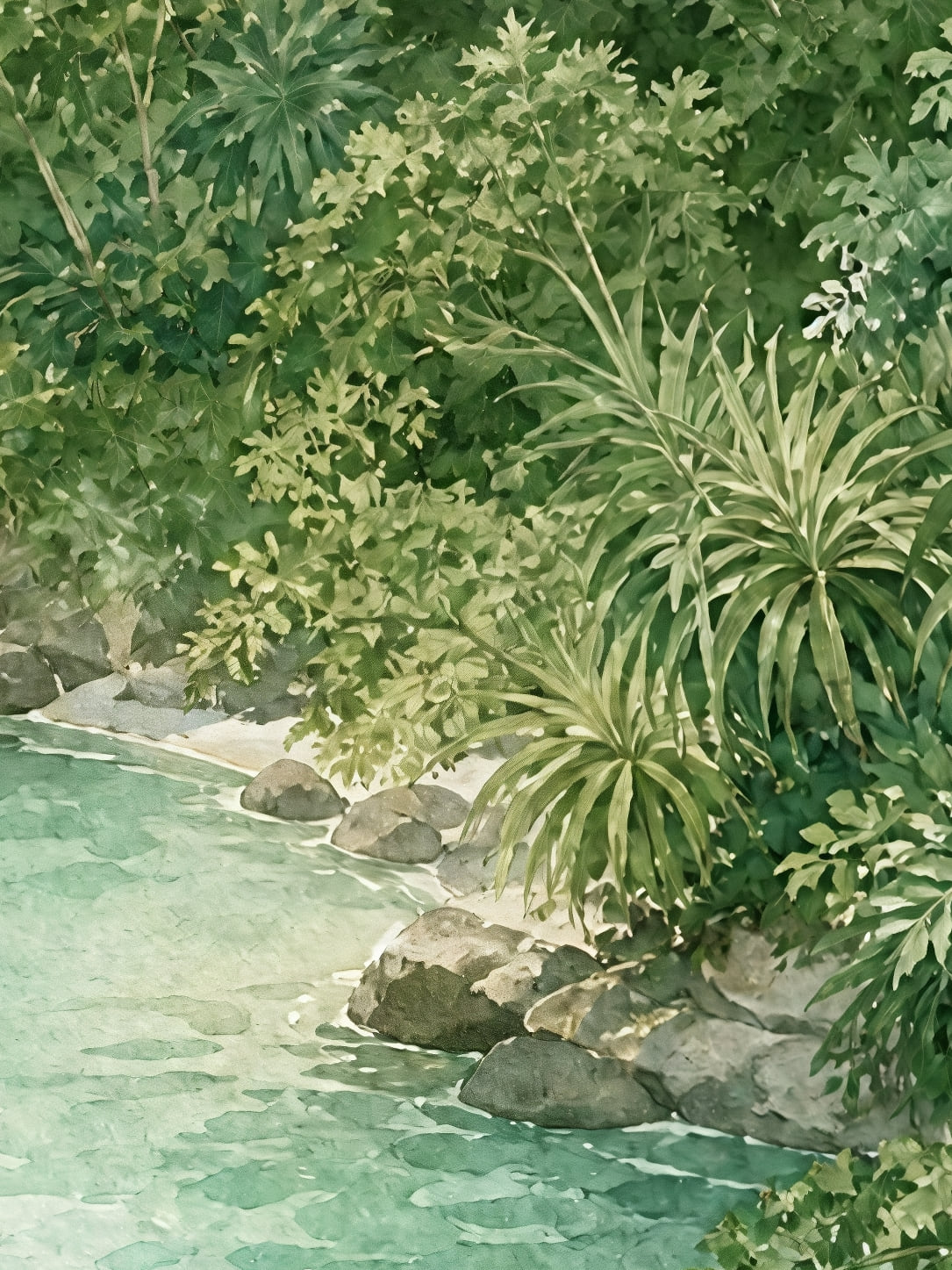 Detail a taille reelle du tirage, affiche voyage baie turquoise et jungle