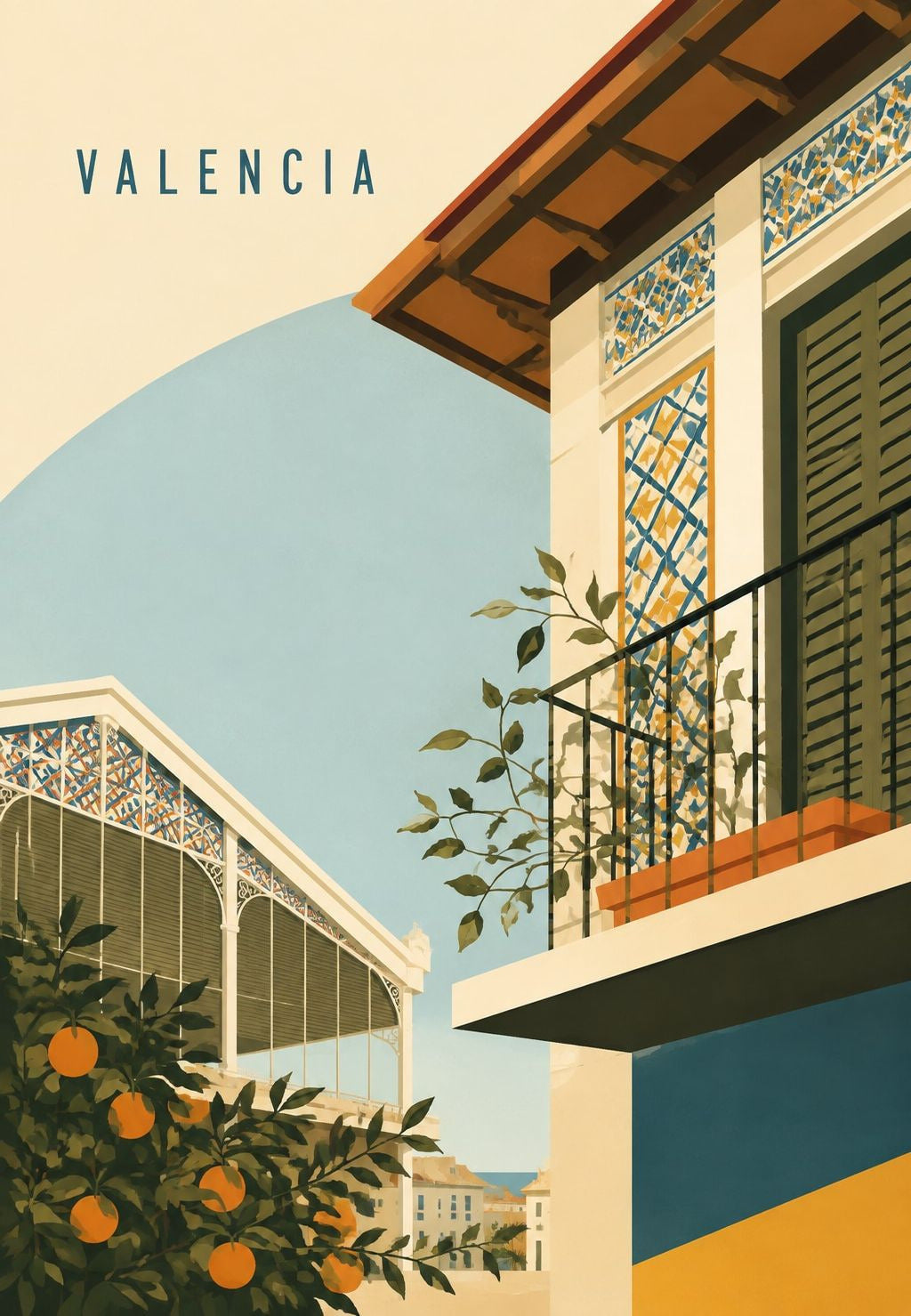 Bloeiend balkon en markt van Valencia