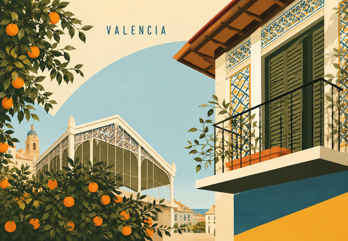 Balcon fleuri et marché de Valencia (Paysage)