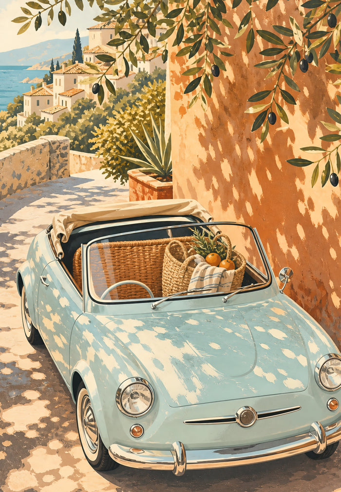 Affiche cabriolet bleu vintage avec panier d'oranges devant village méditerranéen