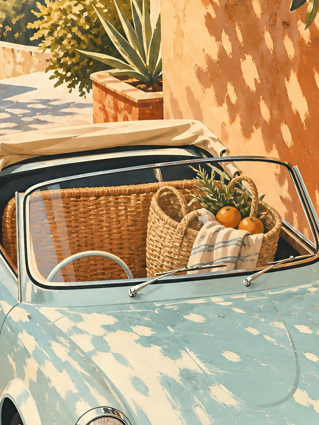Detail a taille reelle du tirage, affiche voyage citrus cruise cabriolet bleu paysage
