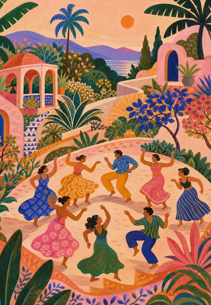 Affiche danseurs cour méditerranéenne palmiers et mer