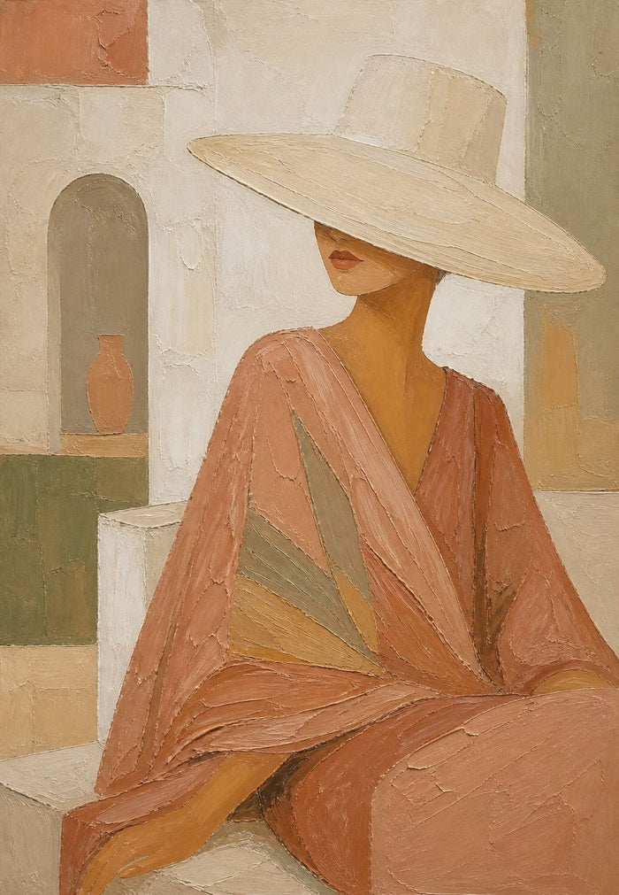 Assise de profil, une femme au visage presque caché par un immense chapeau crème pose devant une façade couleur sable percée d'une niche cintrée abritant un vase en terre cuite.