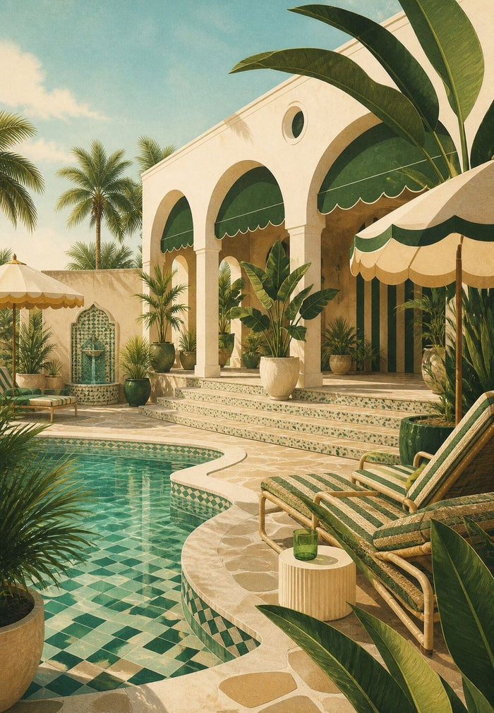 Une villa méditerranéenne se dévoile autour d'une piscine aux carreaux turquoise et émeraude, ondulant sous une arcade blanche ornée d'auvents à festons verts.