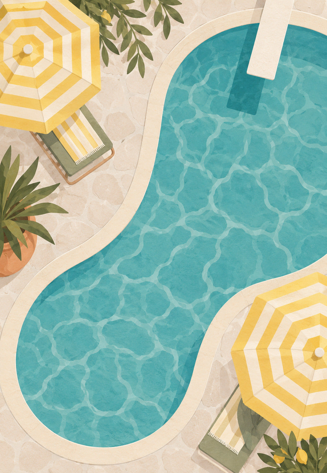 La piscine turquoise aux parasols rayés