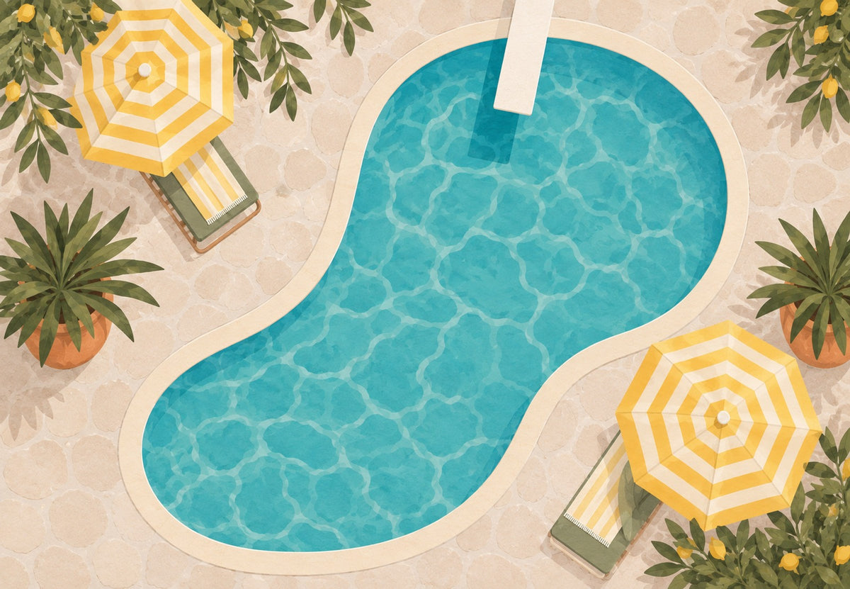 The Turquoise Pool with Striped Parasols (Landscape)