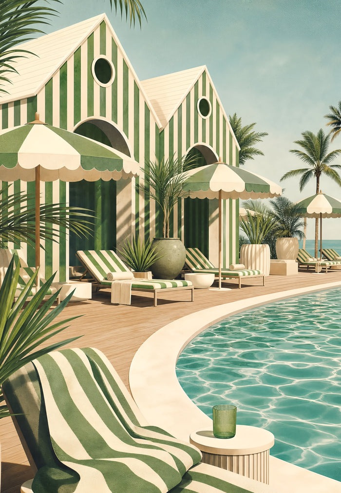 Affiche piscine club rayures vertes crème et palmiers
