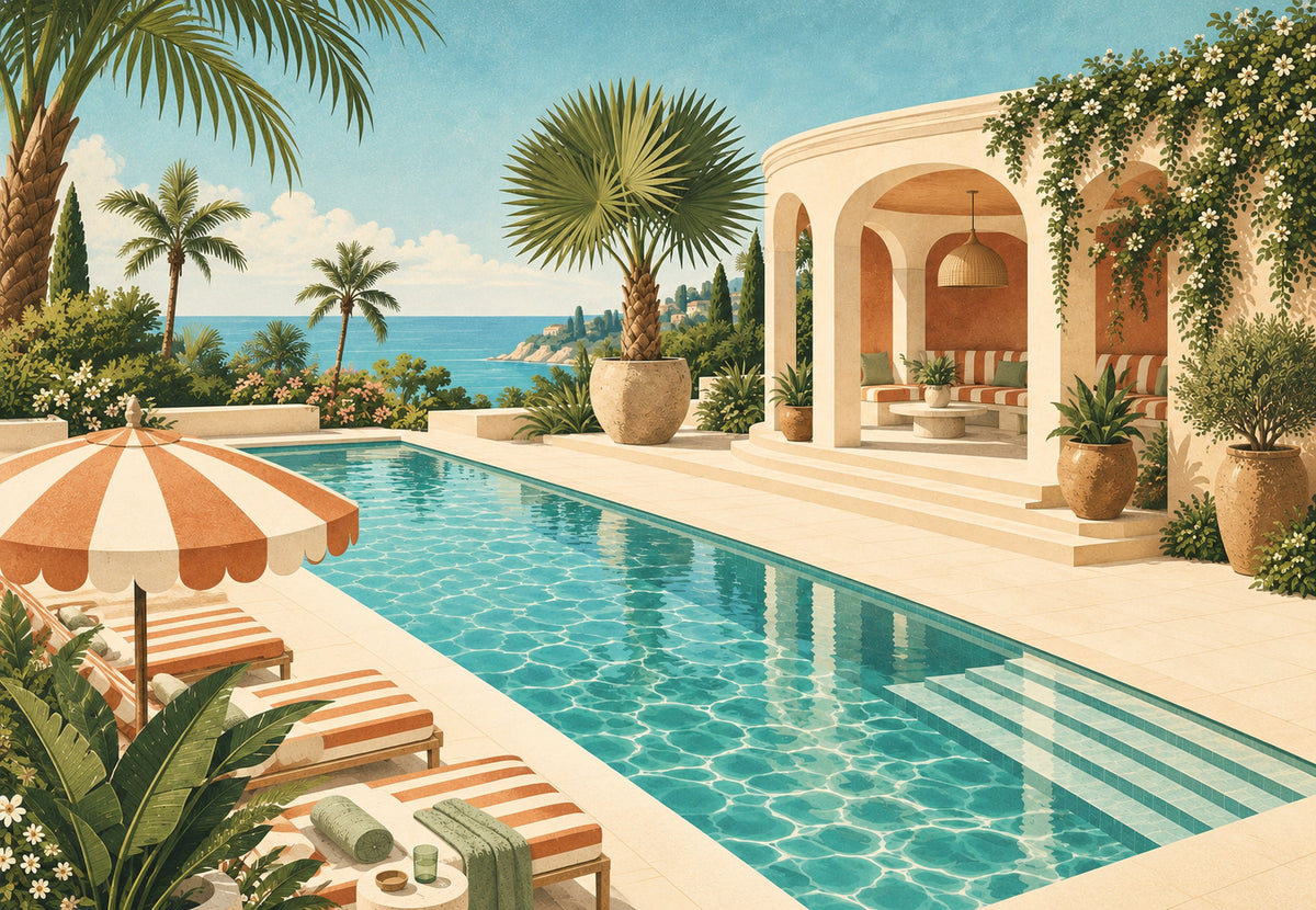 Piscina turchese di fronte al Mediterraneo (Orizzontale)