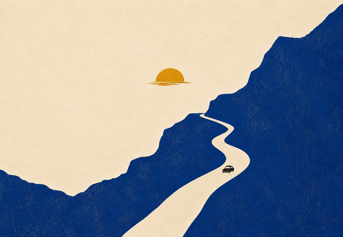 Route sinueuse au soleil couchant (Paysage)