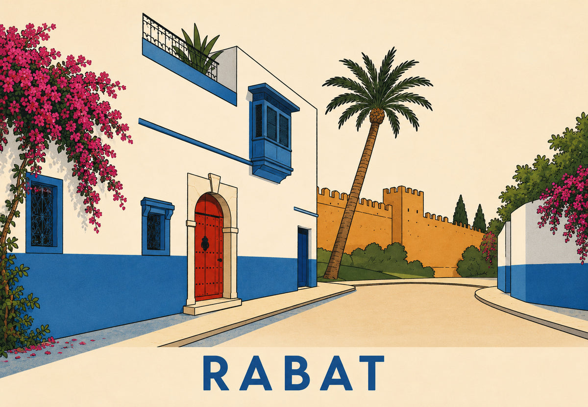 Vicolo blu e porta rossa a Rabat (Orizzontale)