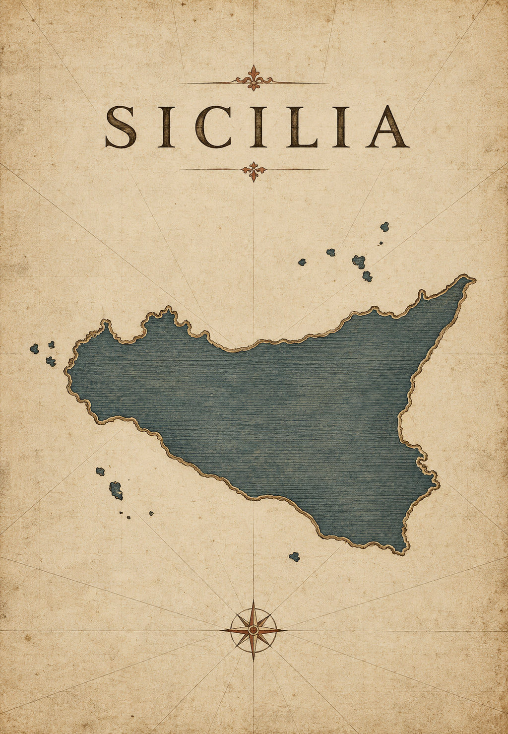 Sicílie, mapa a větrná růžice