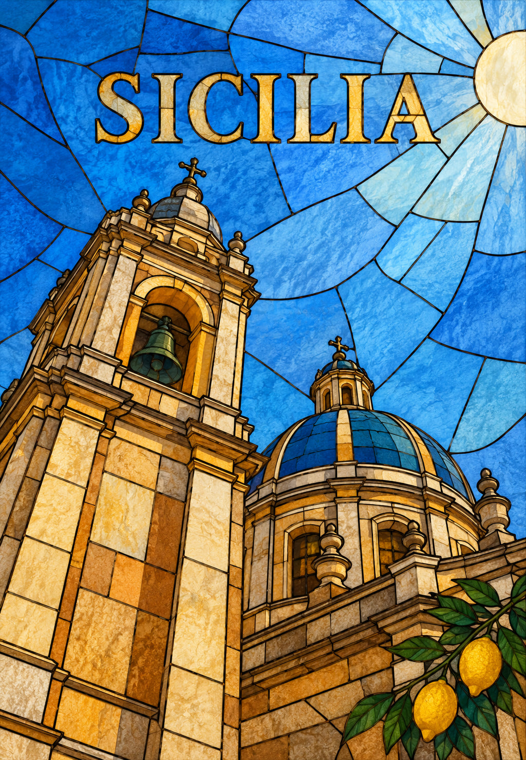 Sizilien, der Glockenturm im blauen Himmel