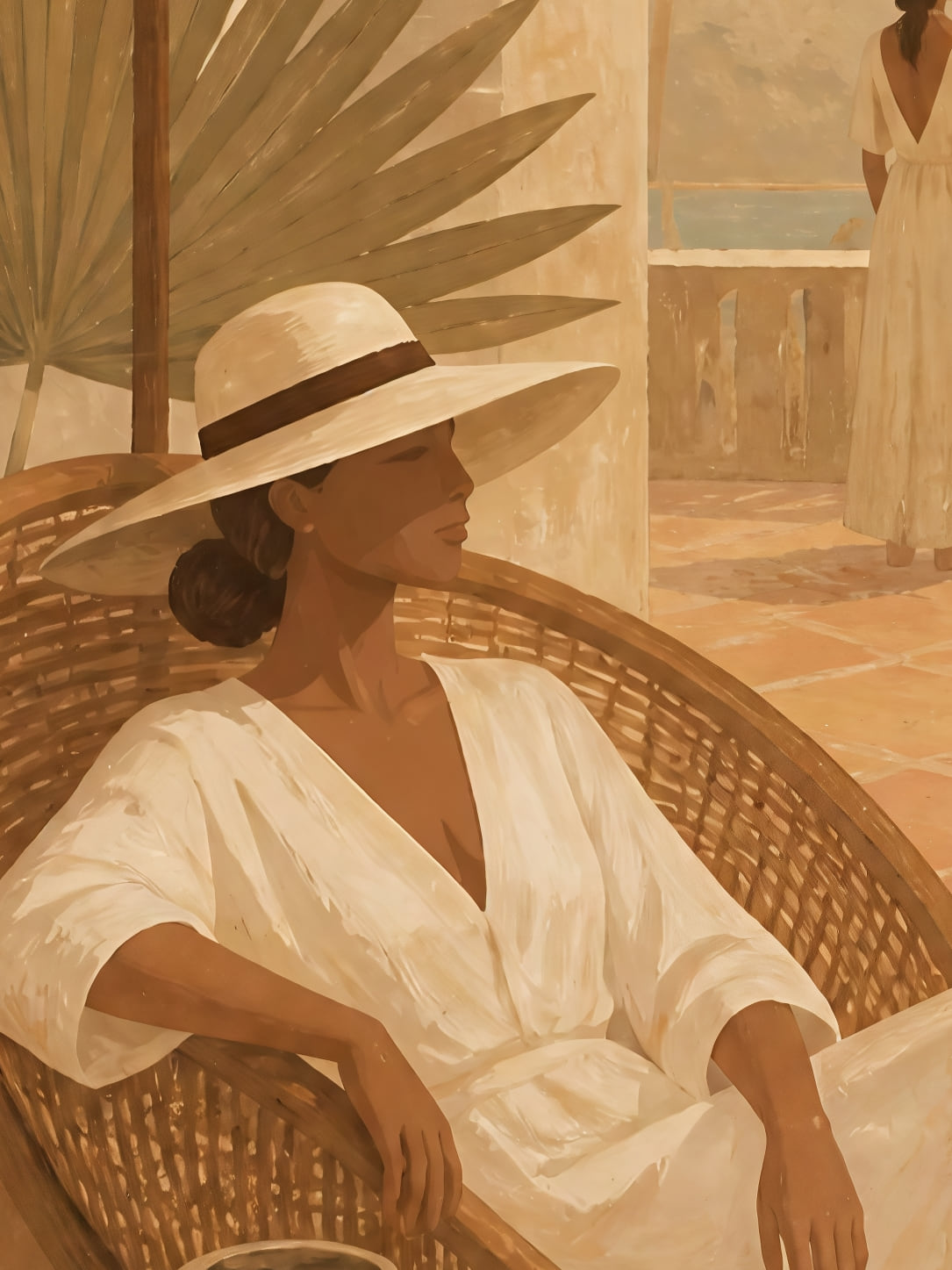 Detail a taille reelle du tirage, affiche voyage terrasse doree au coucher du soleil