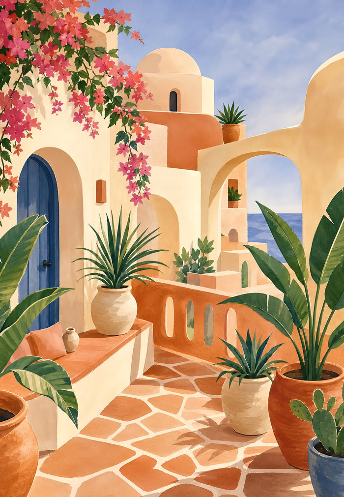 Affiche terrasse méditerranéenne pots de plantes et vue sur la mer
