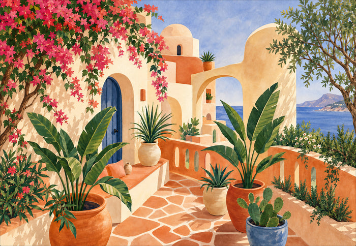 Porte bleue sous des bougainvilliers roses, terrasses ocre, olivier et mer, composition paysage
