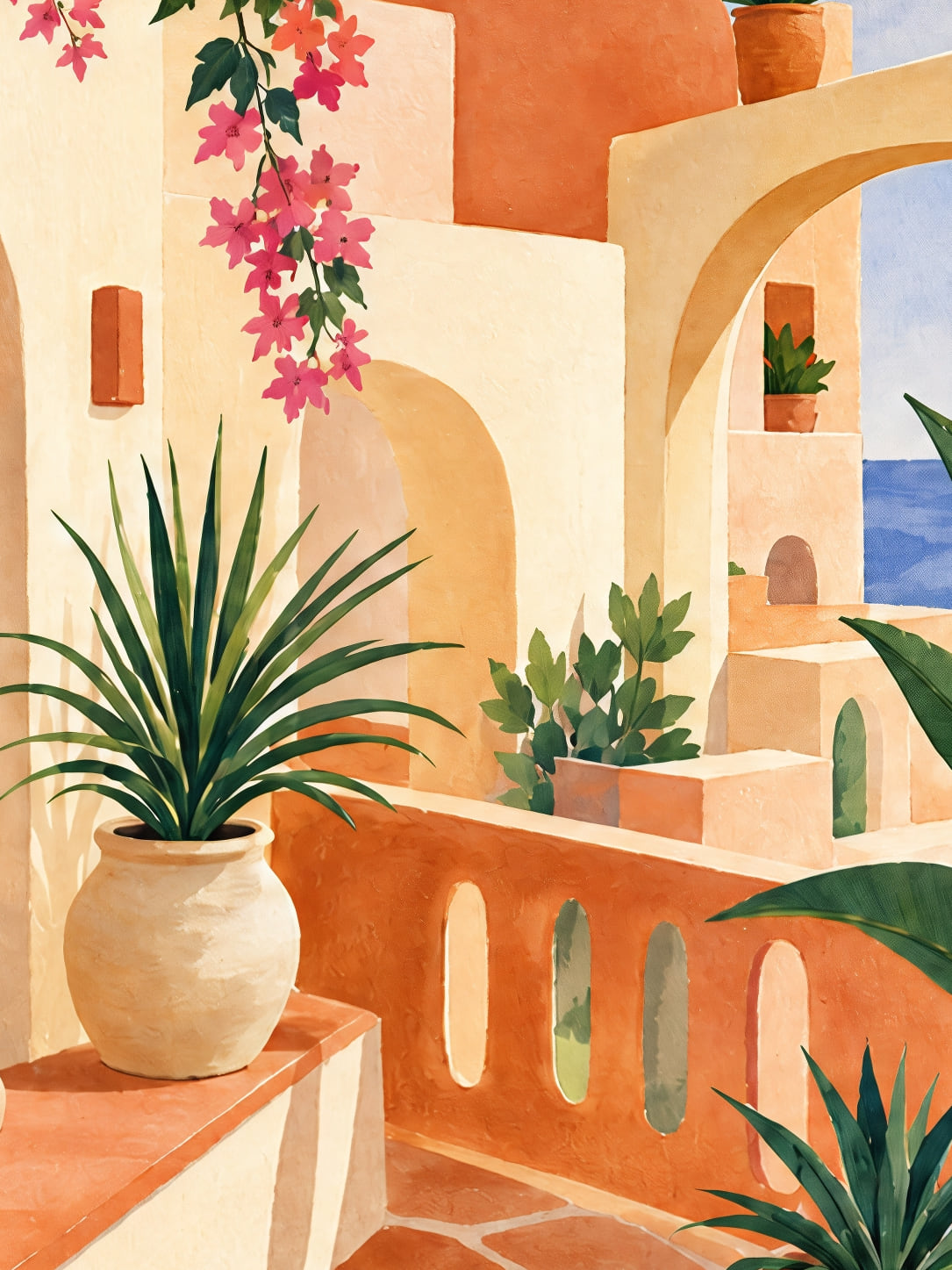 Detail a taille reelle du tirage, affiche voyage terrasse mediterraneenne sur la mer paysage