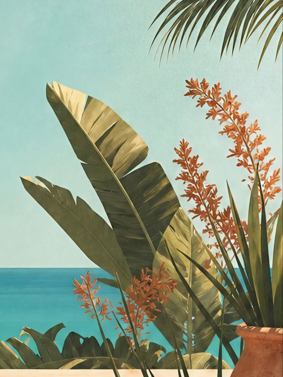 Detail a taille reelle du tirage, affiche voyage terrasse palmiers et mer