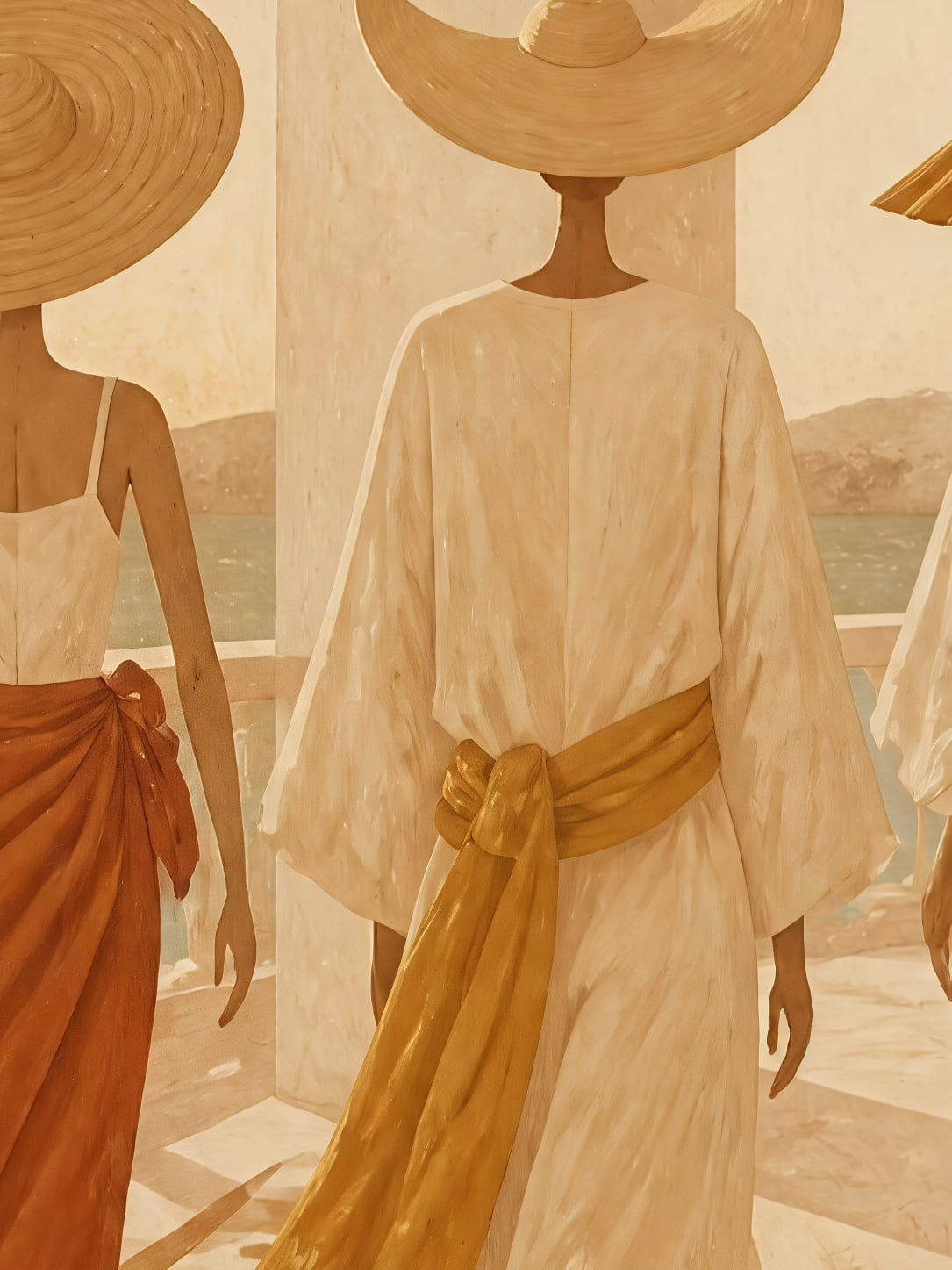 Detail a taille reelle du tirage, affiche voyage trois silhouettes face au soleil couchant