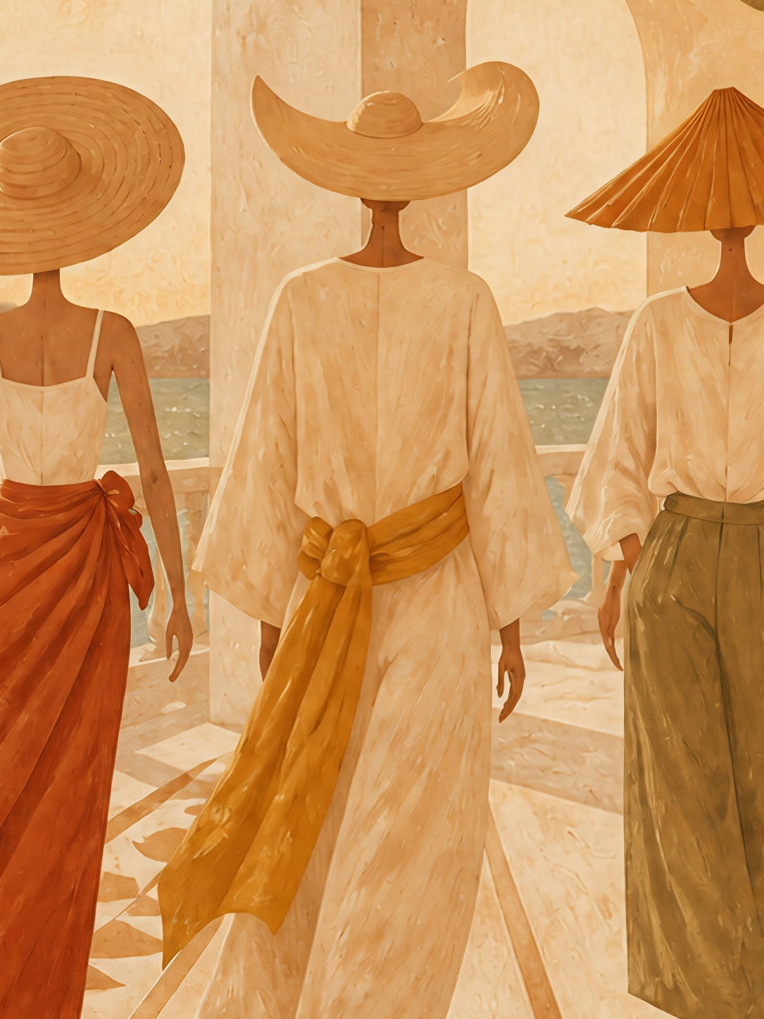 Detail a taille reelle du tirage, affiche voyage trois silhouettes face au soleil couchant paysage