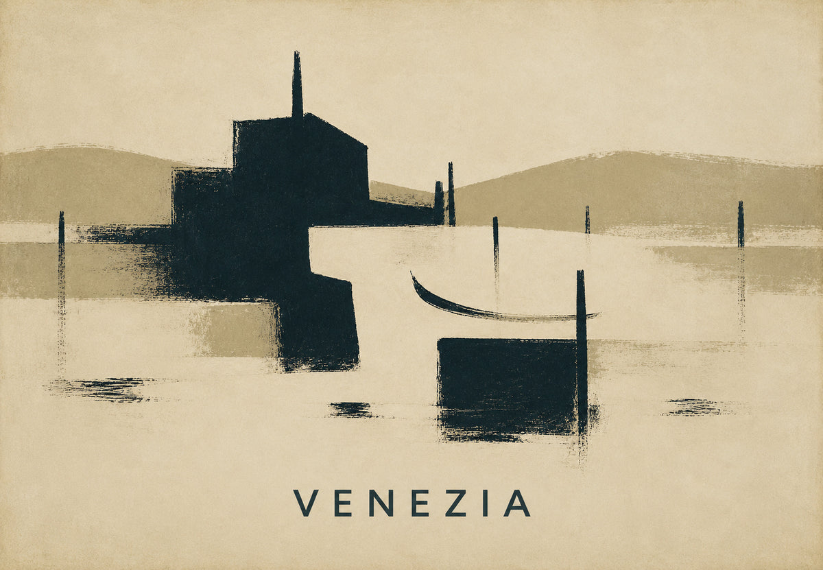 Venice, campanile silhouette and gondola on the lagoon (Landscape)