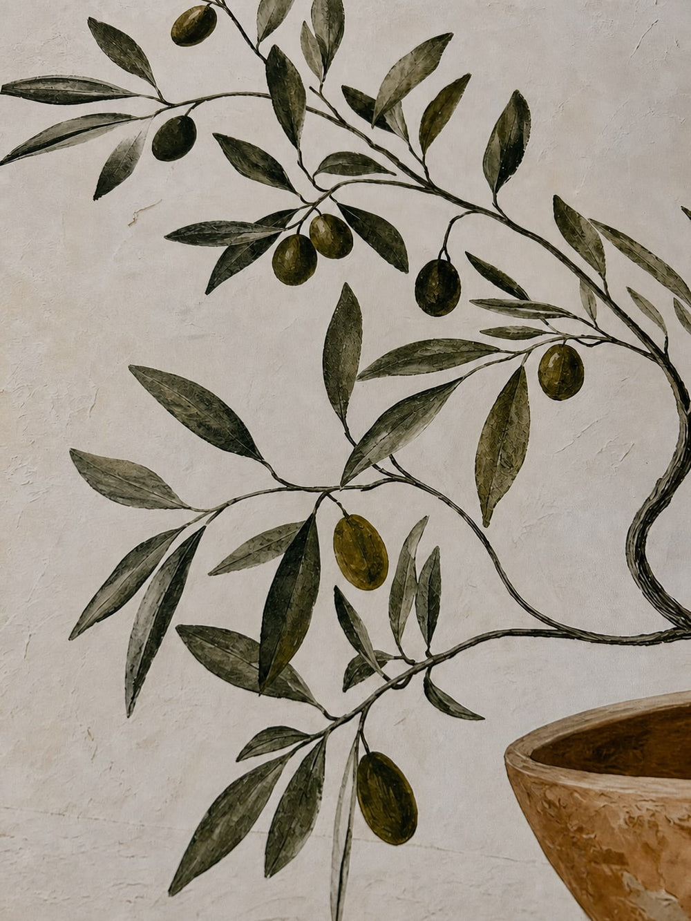 Gros plan sur le grain du papier d'art, une branche d'olivier imprimée