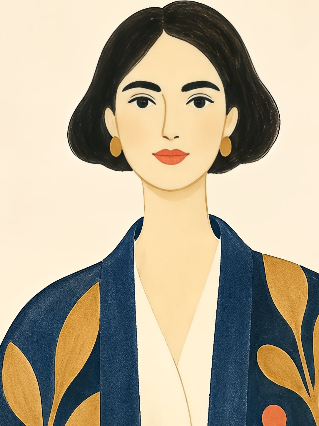 Detail a taille reelle du tirage, femme au kimono bleu