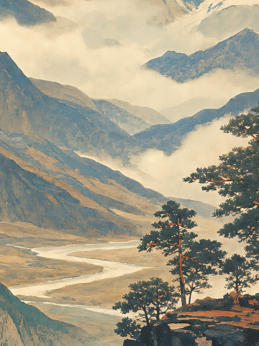 Detail a taille reelle du tirage, montagne horizon de neige
