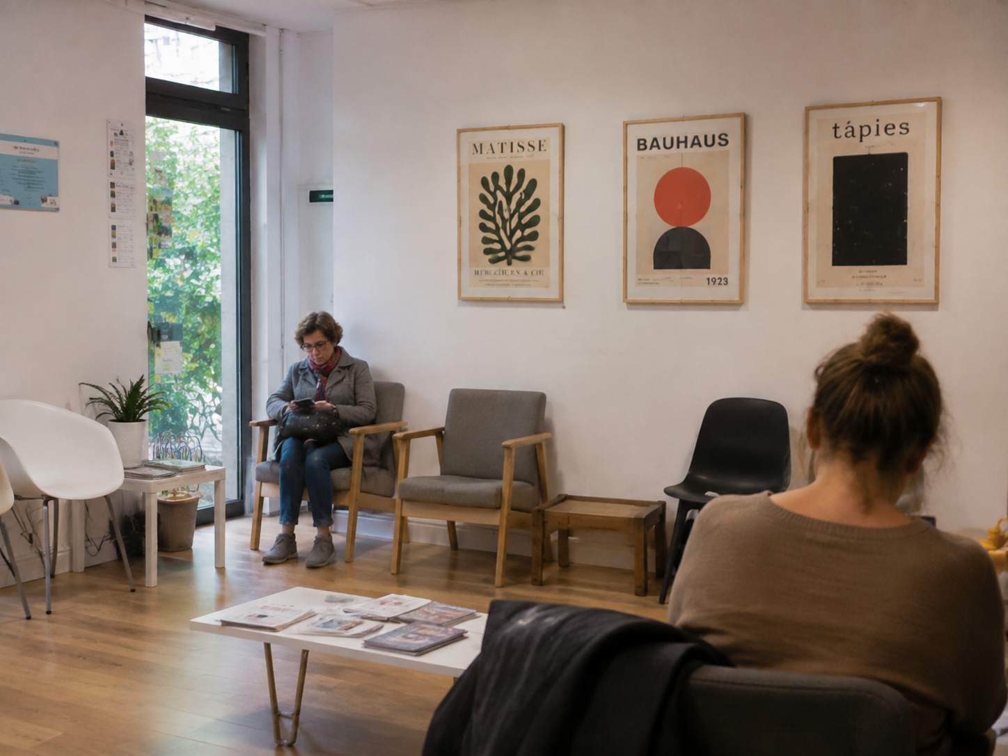 Salle d'attente de cabinet avec des affiches encadrées au mur