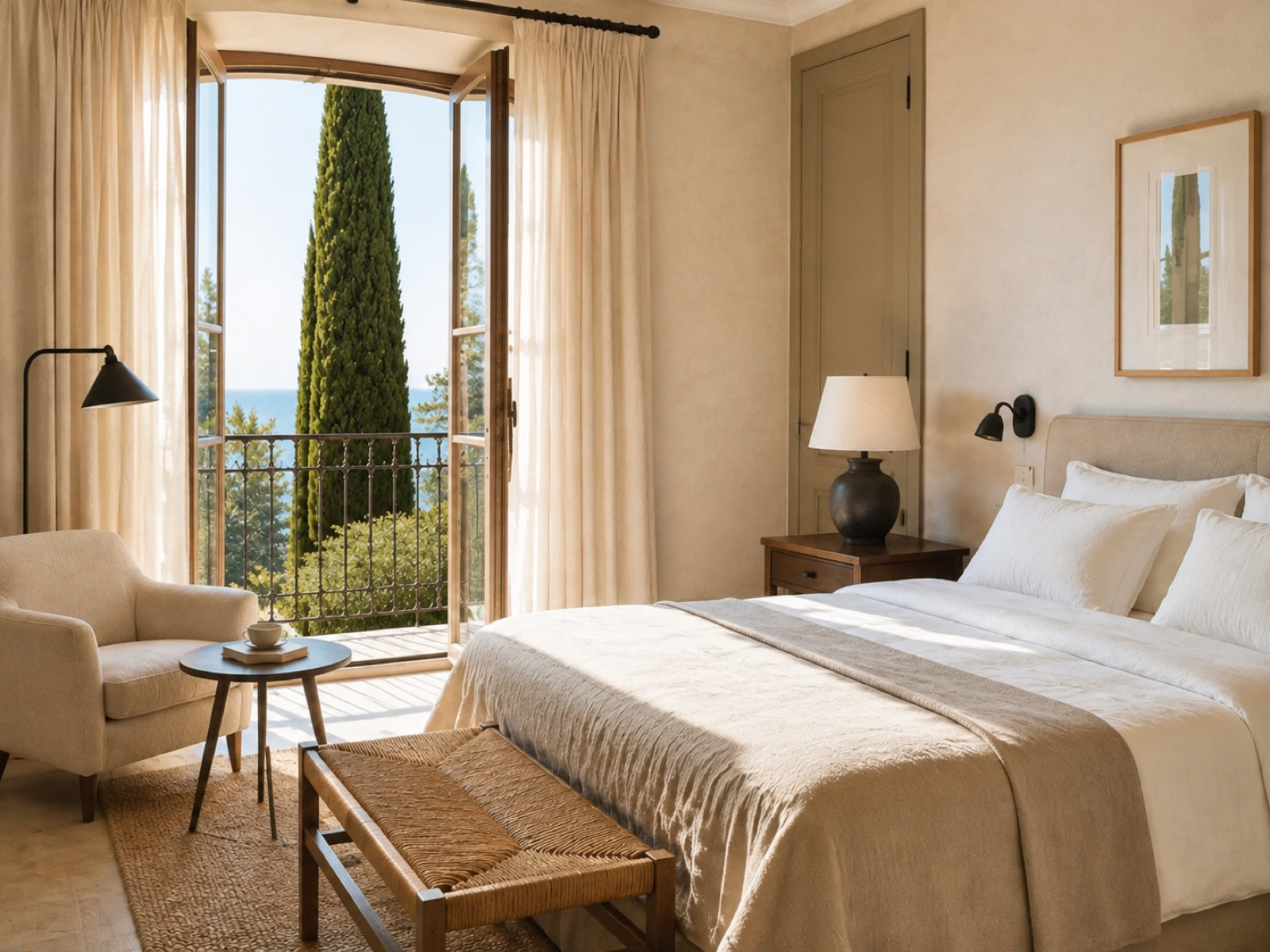 Chambre méditerranéenne, portes-fenêtres ouvertes sur la mer