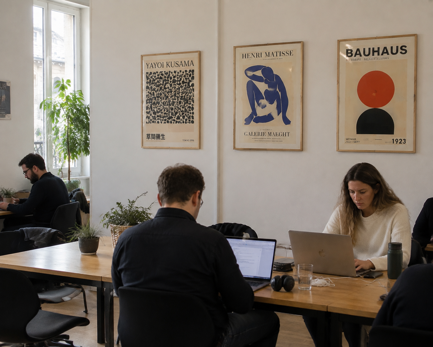 Espace de coworking avec des affiches encadrées au mur