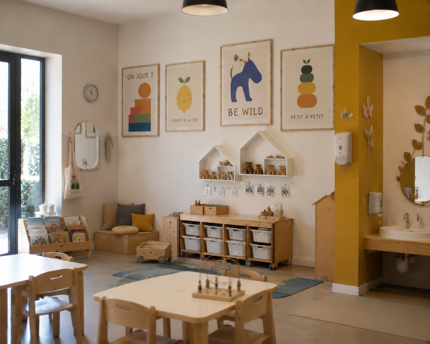 Dortoir de crèche avec une affiche encadrée au mur