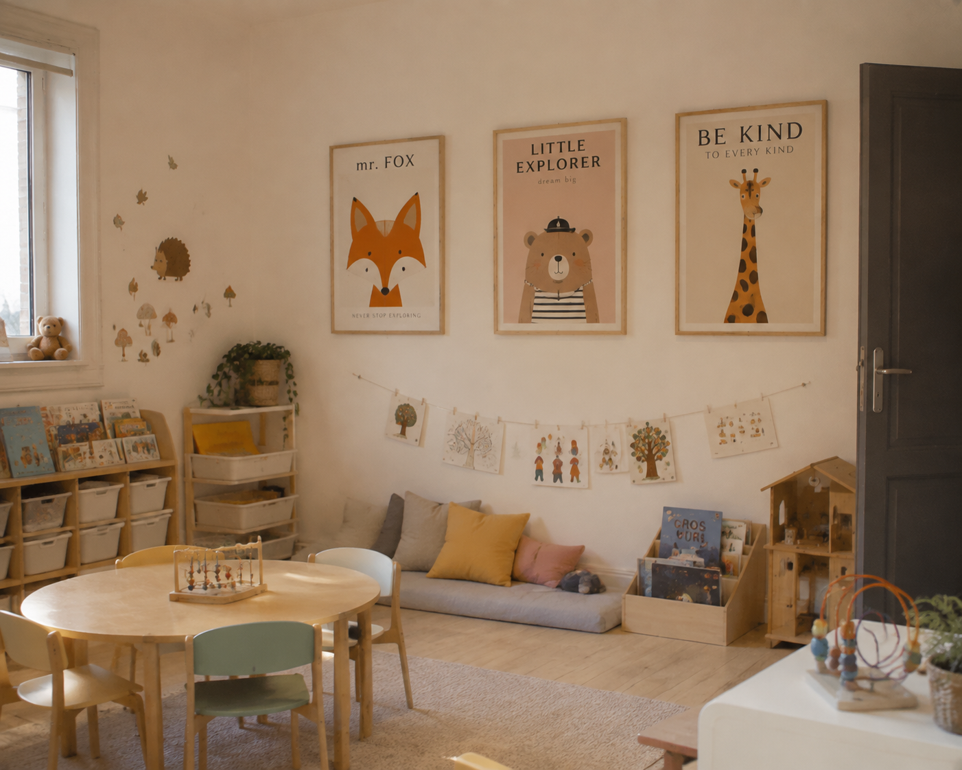 Salle d'éveil de crèche avec des affiches encadrées au mur